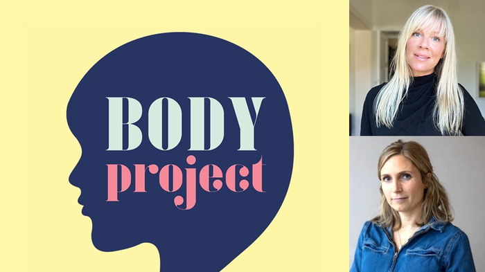 Logo for "Body project", et mørkt hode i profil mot gul bakgrunn, og portrett av Dahlgren og Wisting 