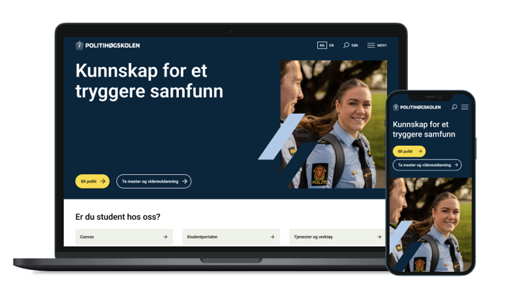 Bilde av laptop og mobiltelefon. Begge viser forsiden til Politihøgskolens nettsted.