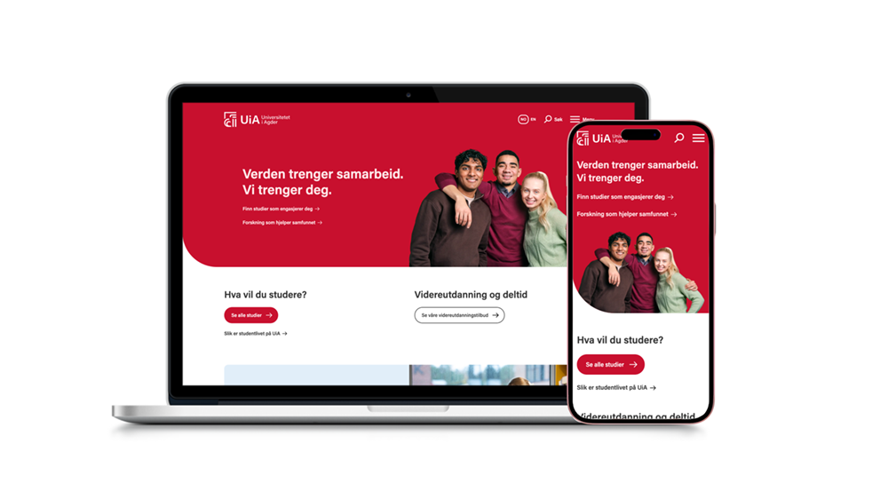 Bilde av laptop og mobiltelefon. Begge viser forsiden til UiAs nettsted.