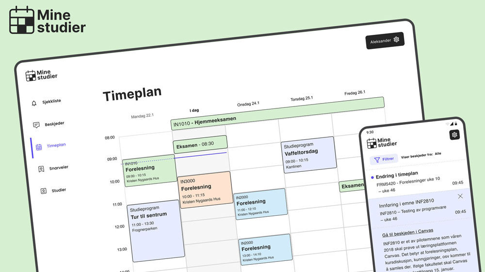 Bilde av timeplan fra Mine studier i nettleser og beskjeder i Mine studier på en mobil
