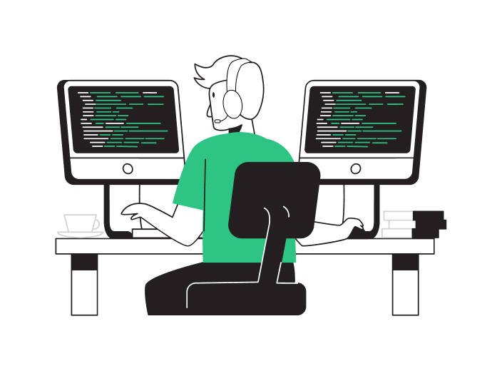 tegning av ung mann i grønn tskjorte som sitter foran to skjermer og har på headset