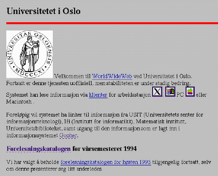 Første Web-side ved Universitetet i Oslo